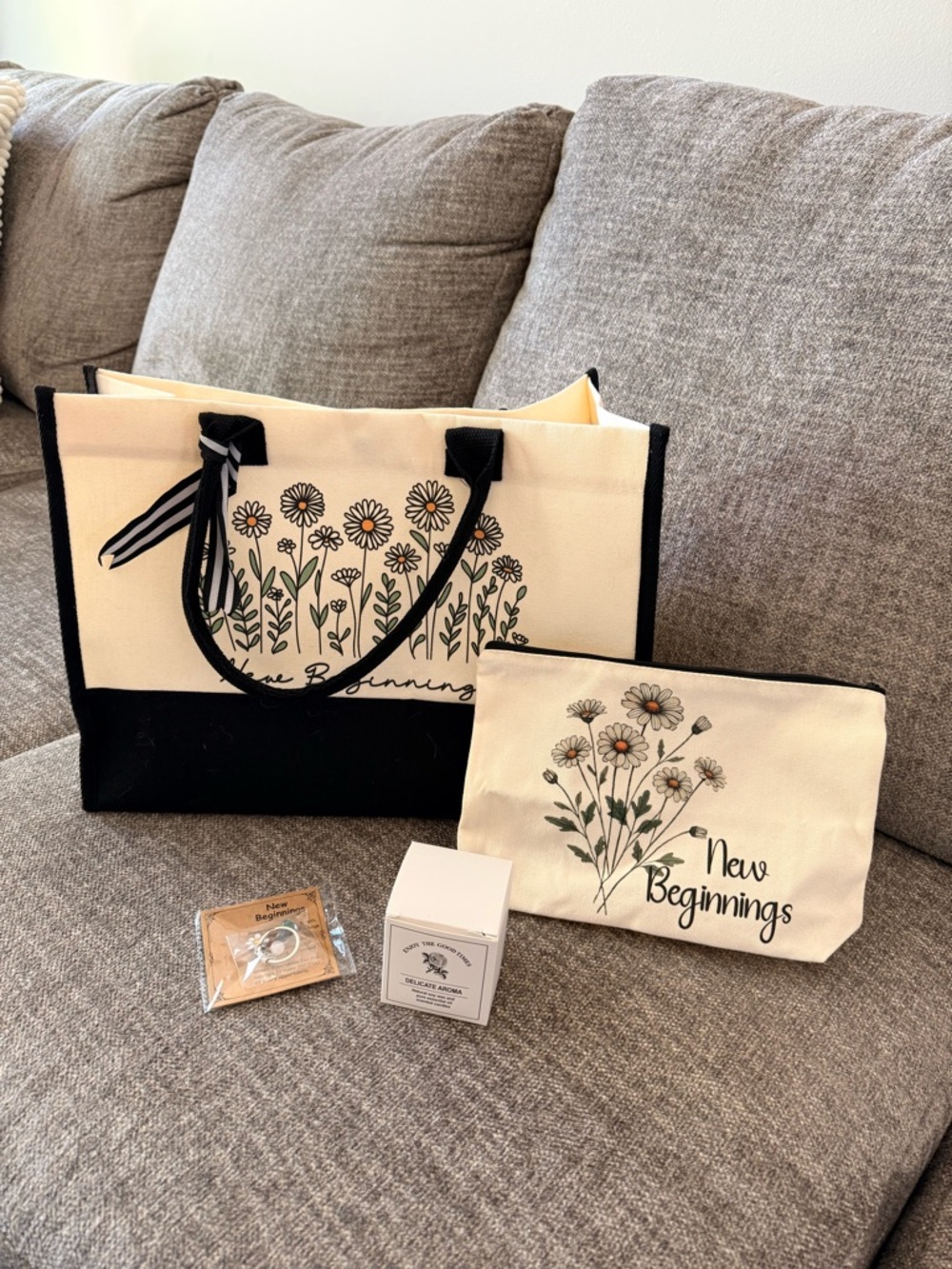 Canvas Tote & Pouch Set in Cream and Black - New Beginnings
